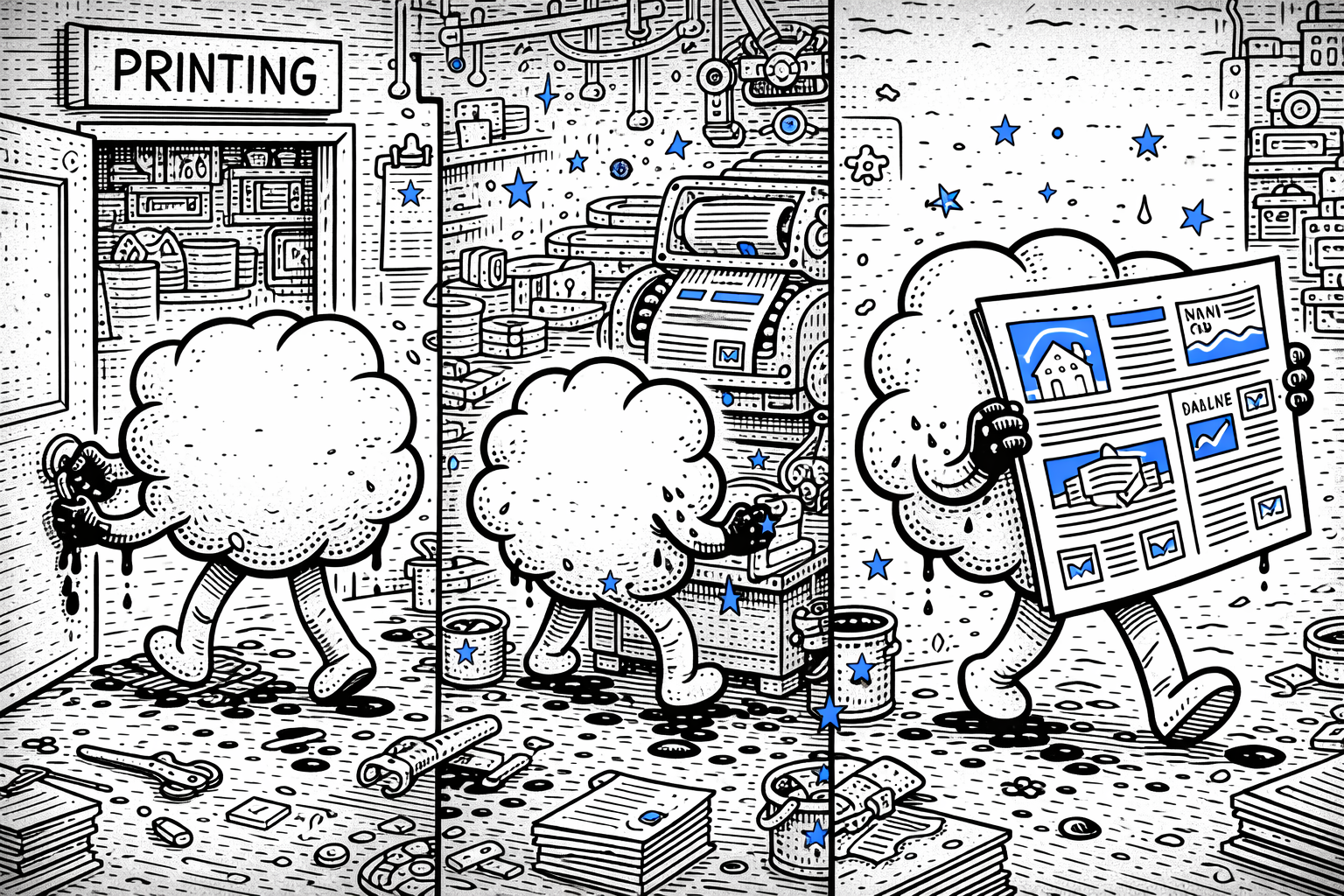 Illustrazione a tre pannelli di una creatura nuvola che entra in tipografia, stampa stelle blu e porta un giornale.