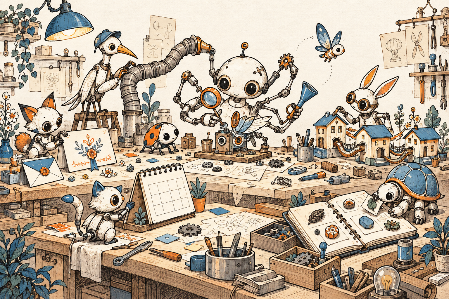 Doodle di piccole creature meccaniche che costruiscono e provano invenzioni su un banco, fra inviti, un calendario, casette collegate e un quaderno.