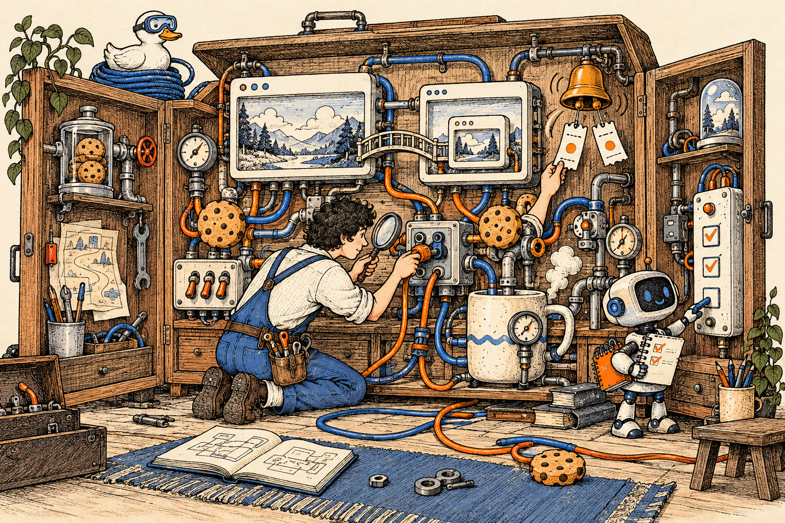 Doodle di un’officina di tracciamenti: una persona ricostruisce cavi e segnali, mentre un piccolo robot segue una lista di verifiche.