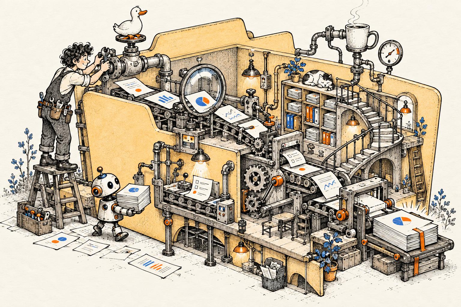 Doodle di una cartella trasformata in officina: una persona collega strumenti e controlla documenti, aiutata da un piccolo robot.